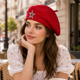 Women's Wool Blend Beret Hat -Red French Style Painter Cap with Sparkling Rhinestone Star Detail, Soft Knit Fashion Headwear for Autumn and Winter In Australia - Darrahopens