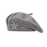 Women's Wool Blend Beret Hat - Gray French Style Painter Cap with Sparkling Rhinestone Star Detail, Soft Knit Fashion Headwear for Autumn and Winter