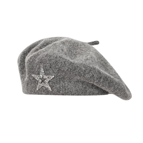 Women's Wool Blend Beret Hat - Gray French Style Painter Cap with Sparkling Rhinestone Star Detail, Soft Knit Fashion Headwear for Autumn and Winter