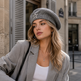 Women's Wool Blend Beret Hat - Gray French Style Painter Cap with Sparkling Rhinestone Star Detail, Soft Knit Fashion Headwear for Autumn and Winter