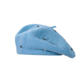 Women's Wool Blend Beret Hat - Blue French Style Painter Cap with Scattered Rhinestone Details, Soft Knit Vintage Fashion Headwear