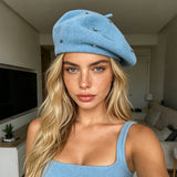 Women's Wool Blend Beret Hat - Blue French Style Painter Cap with Scattered Rhinestone Details, Soft Knit Vintage Fashion Headwear