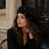Women's Wool Blend Beret Hat - Black French Style Painter Cap with Scattered Rhinestone Details, Soft Knit Vintage Fashion Headwear In Australia - Darrahopens