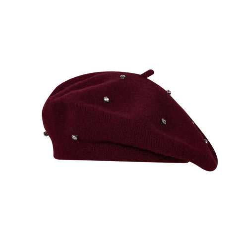 Women's Wool Blend Beret Hat -Burgundy French Style Painter Cap with Scattered Rhinestone Details, Soft Knit Vintage Fashion Headwear