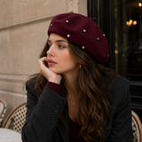 Women's Wool Blend Beret Hat -Burgundy French Style Painter Cap with Scattered Rhinestone Details, Soft Knit Vintage Fashion Headwear In Australia - Darrahopens