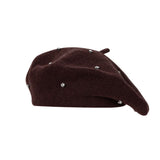 Women's Wool Blend Beret Hat - Brown French Style Painter Cap with Scattered Rhinestone Details, Soft Knit Vintage Fashion Headwear