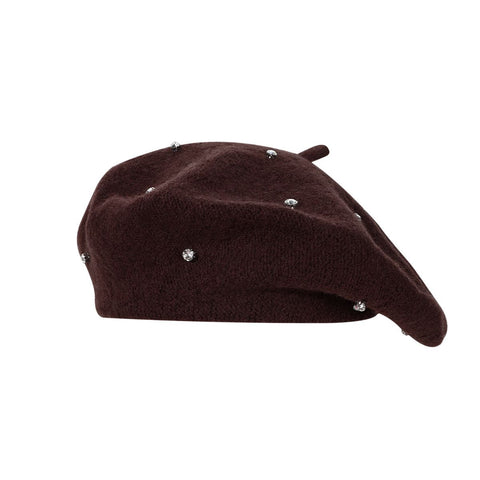 Women's Wool Blend Beret Hat - Brown French Style Painter Cap with Scattered Rhinestone Details, Soft Knit Vintage Fashion Headwear