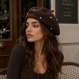 Women's Wool Blend Beret Hat - Brown French Style Painter Cap with Scattered Rhinestone Details, Soft Knit Vintage Fashion Headwear In Australia - Darrahopens