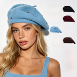 Women's Wool Blend Beret Hat - Brown French Style Painter Cap with Scattered Rhinestone Details, Soft Knit Vintage Fashion Headwear