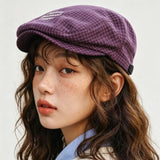 Women's Plaid Flat Cap - Purple Check Newsboy Painter Hat, Adjustable Double Snap Design, Short Brim Vintage Casual Cap for Everyday Streetwear