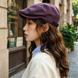 Women's Plaid Flat Cap - Purple Check Newsboy Painter Hat, Adjustable Double Snap Design, Short Brim Vintage Casual Cap for Everyday Streetwear