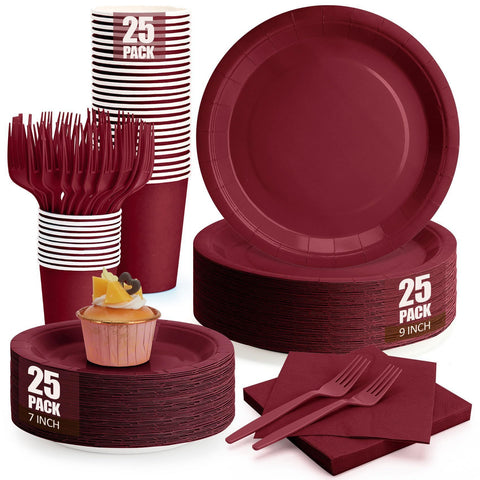 25 Guest Deep Red Disposable Tableware Set - 9 Inch and 7 Inch Paper Plates, Cups, Napkins and Plastic Cutlery - Elegant Party Supplies for Weddings, Birthdays and Holiday Dinners In Australia - Darrahopens