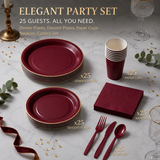 25 Guest Deep Red Disposable Tableware Set - 9 Inch and 7 Inch Paper Plates, Cups, Napkins and Plastic Cutlery - Elegant Party Supplies for Weddings, Birthdays and Holiday Dinners
