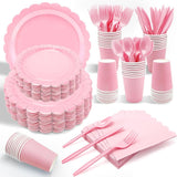 Pink Scalloped Edge Disposable Party Tableware Set - 175 Pieces for 25 Guests - Food Grade Paper Plates Cups Napkins Cutlery for Birthday Wedding Holiday Dinner In Australia - Darrahopens