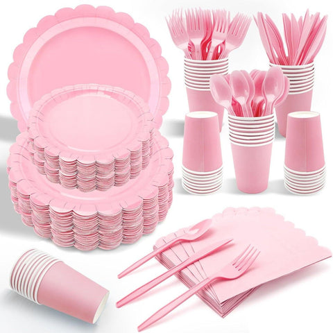 Pink Scalloped Edge Disposable Party Tableware Set - 175 Pieces for 25 Guests - Food Grade Paper Plates Cups Napkins Cutlery for Birthday Wedding Holiday Dinner In Australia - Darrahopens