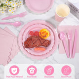 Pink Scalloped Edge Disposable Party Tableware Set - 175 Pieces for 25 Guests - Food Grade Paper Plates Cups Napkins Cutlery for Birthday Wedding Holiday Dinner