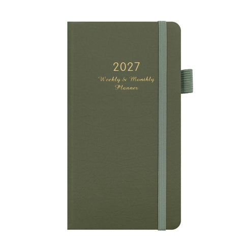 2027 Green Weekly & Monthly Planner - Compact 18 x 10 cm English Schedule Book, 144 Pages with Yearly Overview, Monthly Planning, Notes, Pen Loop and Elastic Closure In Australia - Darrahopens