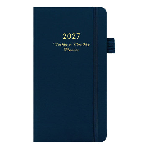 2027 Dark Blue Weekly & Monthly Planner - Compact 18 x 10 cm English Schedule Book, 144 Pages with Yearly Overview, Monthly Planning, Notes, Pen Loop and Elastic Closure In Australia - Darrahopens