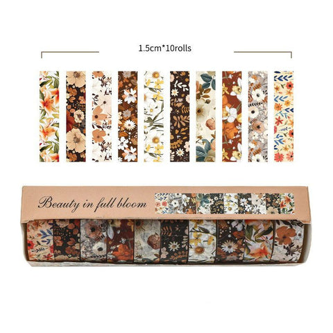 10-Roll Floral Washi Tape Set (Style 5) - 15 mm x 2 m Decorative Flower Pattern Craft Tape for Journaling, Scrapbooking, Planner Decoration and DIY Projects
