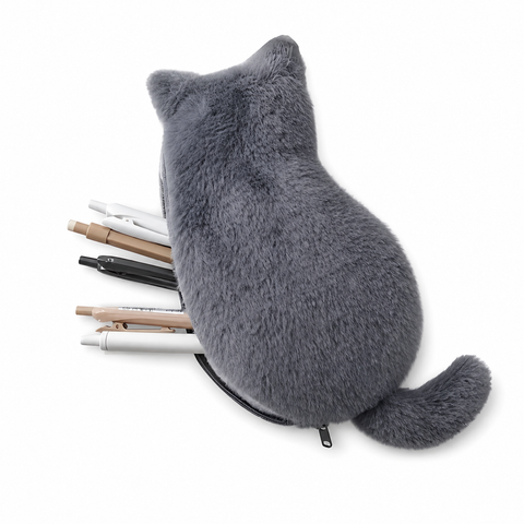 Gray Plush Cat Pencil Case - Soft Furry Cat-Shaped Zipper Pouch with Tail, Spacious Stationery Storage Bag for Pens, Pencils, Cosmetics and Everyday Accessories In Australia - Darrahopens