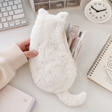 White Plush Cat Pencil Case - Soft Furry Cat-Shaped Zipper Pouch with Tail, Spacious Stationery Storage Bag for Pens, Pencils, Cosmetics and Everyday Accessories In Australia - Darrahopens