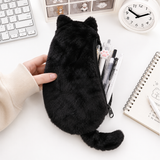 Black Plush Cat Pencil Case - Soft Furry Cat-Shaped Zipper Pouch with Tail, Spacious Stationery Storage Bag for Pens, Pencils, Cosmetics and Everyday Accessories In Australia - Darrahopens
