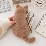Khaki Plush Cat Pencil Case - Soft Furry Cat-Shaped Zipper Pouch with Tail, Spacious Stationery Storage Bag for Pens, Pencils, Cosmetics and Everyday Accessories In Australia - Darrahopens