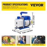 VEVOR 3CFM 84 L/M 1-Stage, Refrigerant Vacuum Pump Refrigeration Gauges A/C Air Conditioning 1440 RPM 1/4 HP, 3 pcs hoses 800 PSI Refrigeration Gauges
