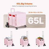 Foldable Utility Cart, 65L Collapsible Portable Crate Rolling Cart with Stair Climbing Wheels & 360° Swivel Wheels, Hand Cart with Telescoping Handle for Shopping Office Moving Teacher, Pink