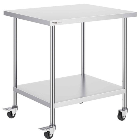 Stainless Steel Work Table 30 x 18 x 38 Inch, with 4 Wheels, 3 Adjustable Height Levels, Heavy Duty Food Prep Worktable for Commercial Kitchen Restaurant, Silver