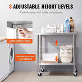 Stainless Steel Work Table 30 x 18 x 38 Inch, with 4 Wheels, 3 Adjustable Height Levels, Heavy Duty Food Prep Worktable for Commercial Kitchen Restaurant, Silver