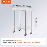 Stainless Steel Work Table 30 x 18 x 38 Inch, with 4 Wheels, 3 Adjustable Height Levels, Heavy Duty Food Prep Worktable for Commercial Kitchen Restaurant, Silver