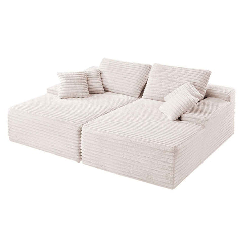 210 cm Oversized Double Chaise Lounge, Corduroy Fabric Sectional Sofa, Cozy Deep Seat Loveseat Sofa with Soft Cushions and Throw Pillows for Living Room Bedroom, No Assembly Required, Beige