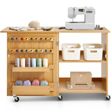 VEVOR Folding Sewing Table with Lockable Wheels Shelves Trays Door Wood Color
