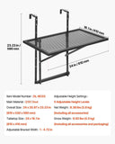 Balcony Hanging Table, 610 x 410 mm Metal Folding Balcony Railing Table, Outdoor Balcony Bar Table for Railings, 5-Level Adjustable, Fit Railing from 1" to 4.7", Serving Table for Patio & Deck