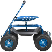 VEVOR Rolling Garden Cart with Seat and Wheels Extendable Steer Handle Blue