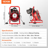VEVOR Drain Cleaner Machine Drain Auger 50FT x 3/8 Inch Manual Feed & 4 Cutters