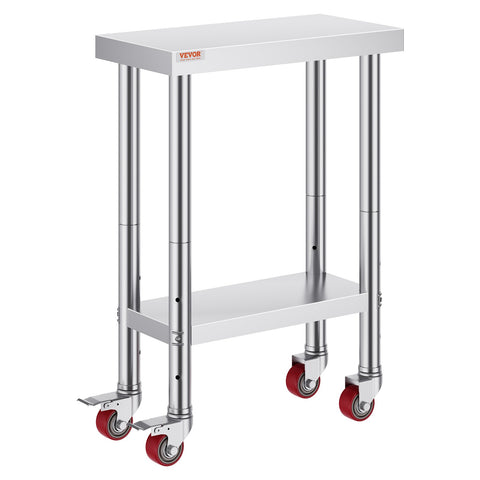 VEVOR Stainless Steel Work Table with Wheels 24 x 12 x 32 Inch Prep Table with 4 Casters Heavy Duty Work Table for Commercial Kitchen Restaurant Business