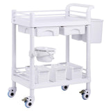 2 Tiers Lab Carts, Lab Utility Cart with 2 Trays, 2 Drawers & 4 Silent Wheels, Mobile Medical Cart with PP Material, Lab Rolling Cart with 3 Trash Cans for Lab, Clinic, Hospital, Salon, White