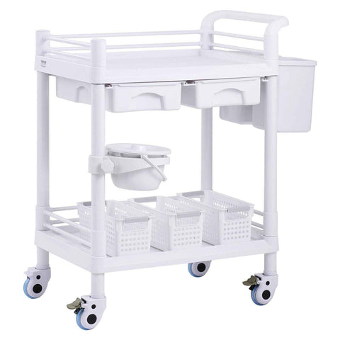 2 Tiers Lab Carts, Lab Utility Cart with 2 Trays, 2 Drawers & 4 Silent Wheels, Mobile Medical Cart with PP Material, Lab Rolling Cart with 3 Trash Cans for Lab, Clinic, Hospital, Salon, White