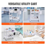 2 Tiers Lab Carts, Lab Utility Cart with 2 Trays, 2 Drawers & 4 Silent Wheels, Mobile Medical Cart with PP Material, Lab Rolling Cart with 3 Trash Cans for Lab, Clinic, Hospital, Salon, White