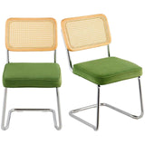 Rattan Chairs, Set of 2, Mid Century Modern Dining Chair, Upholstered Velvet Accent Chair with Rattan Back, Retro Dining Room Kitchen Chair for Living Room, Bedroom, Reading Room, Office, Green
