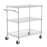 Kitchen Utility Cart, 3 Tiers, Wire Rolling Cart with 300kg Capacity, Steel Service Cart on Wheels, Metal Storage Trolley with 80mm Deep Basket Curved Handle 6 Hooks, for Indoor and Outdoor Use