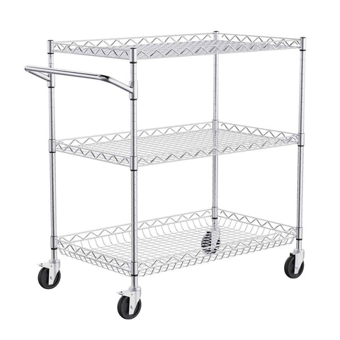 Kitchen Utility Cart, 3 Tiers, Wire Rolling Cart with 300kg Capacity, Steel Service Cart on Wheels, Metal Storage Trolley with 80mm Deep Basket Curved Handle 6 Hooks, for Indoor and Outdoor Use