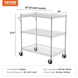 Kitchen Utility Cart, 3 Tiers, Wire Rolling Cart with 300kg Capacity, Steel Service Cart on Wheels, Metal Storage Trolley with 80mm Deep Basket Curved Handle 6 Hooks, for Indoor and Outdoor Use