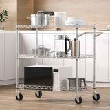 Kitchen Utility Cart, 3 Tiers, Wire Rolling Cart with 300kg Capacity, Steel Service Cart on Wheels, Metal Storage Trolley with 80mm Deep Basket Curved Handle 6 Hooks, for Indoor and Outdoor Use