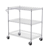 Kitchen Utility Cart, 3 Tiers, Wire Rolling Cart with 300kg Capacity, Steel Service Cart on Wheels, Metal Storage Trolley with 80mm Deep Basket Curved Handle 6 Hooks, for Indoor and Outdoor Use