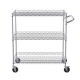 Kitchen Utility Cart, 3 Tiers, Wire Rolling Cart with 300kg Capacity, Steel Service Cart on Wheels, Metal Storage Trolley with 80mm Deep Basket Curved Handle 6 Hooks, for Indoor and Outdoor Use