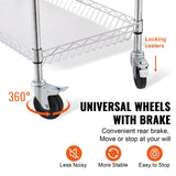 VEVOR Kitchen Utility Cart, 3 Tiers, Wire Rolling Cart, Steel Service Cart on Wheels, Metal Storage Trolley with 80mm Basket Curved Handle PP Liner 6 Hooks, for Indoor and Outdoor