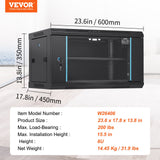 VEVOR 6U Wall Mount Network Server Cabinet, 15.5'' Deep, Server Rack Cabinet Enclosure, 200 lbs Max. Ground-mounted Load Capacity, with Locking Glass Door Side Panels, for IT Equipment, A/V Devices